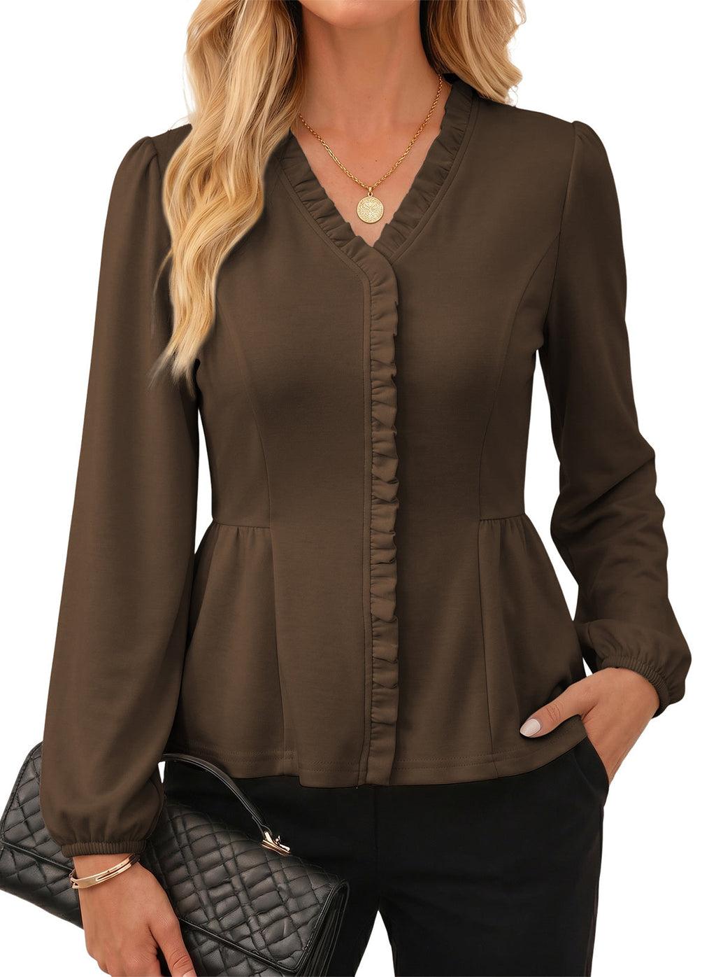 Womens Tops Ruffle Trim V Neck Peplum Babydoll Long Sleeve Shirts