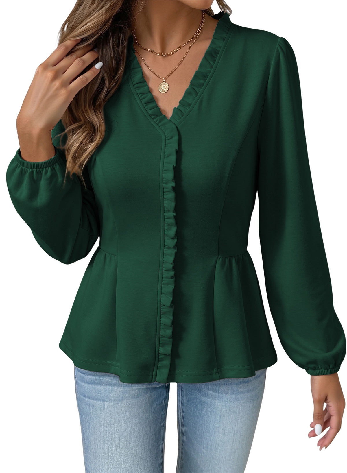 Womens Tops Ruffle Trim V Neck Peplum Babydoll Long Sleeve Shirts