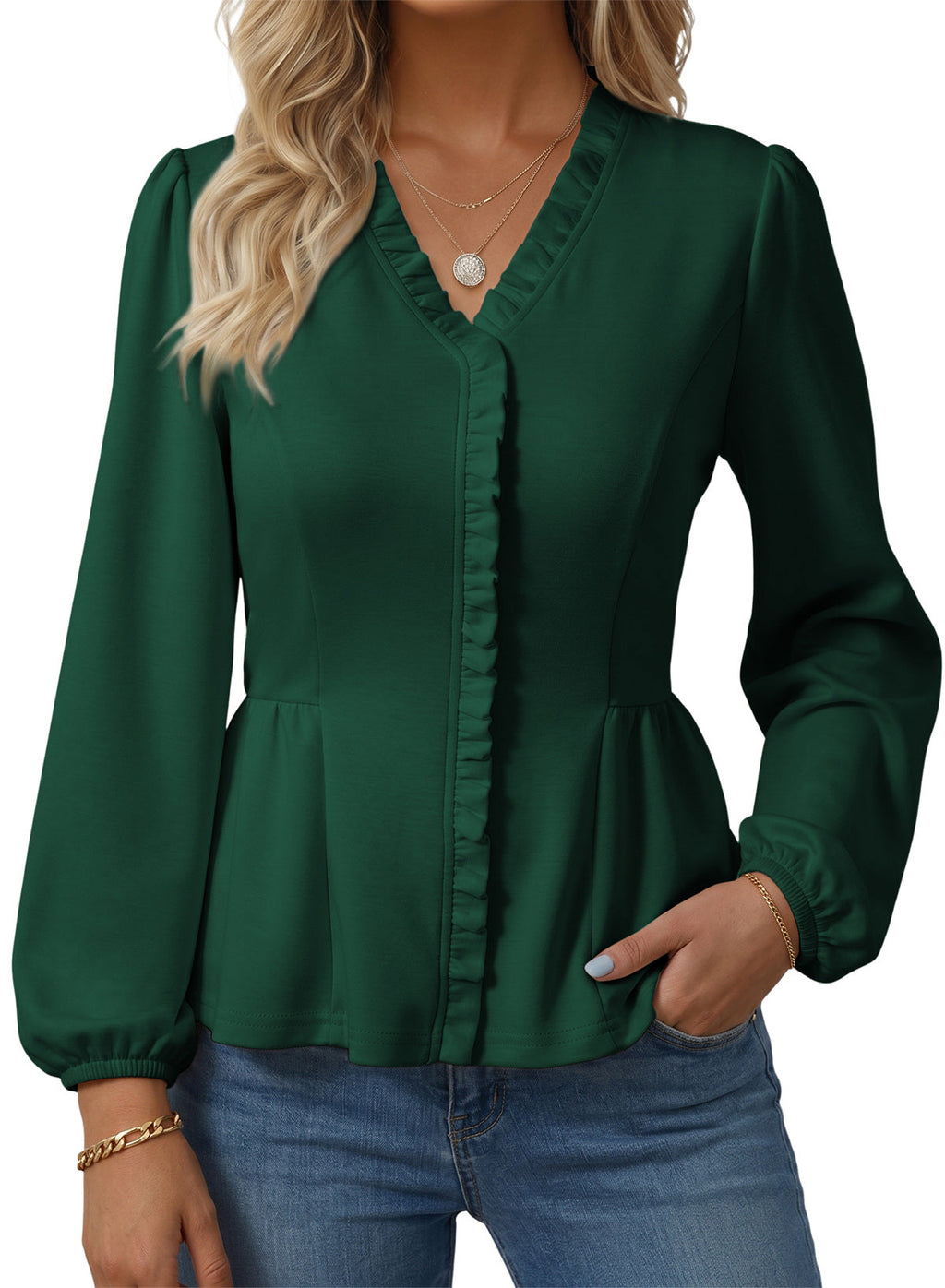 Womens Tops Ruffle Trim V Neck Peplum Babydoll Long Sleeve Shirts