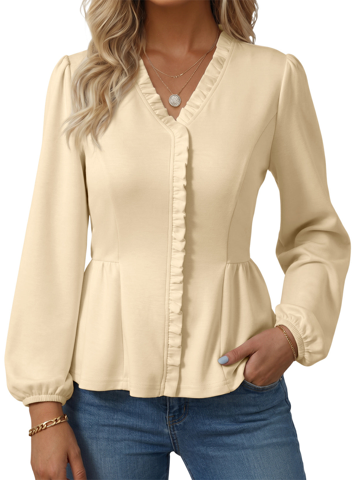 Womens Tops Ruffle Trim V Neck Peplum Babydoll Long Sleeve Shirts