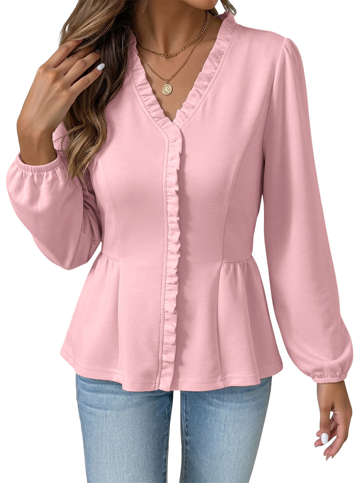 Womens Tops Ruffle Trim V Neck Peplum Babydoll Long Sleeve Shirts