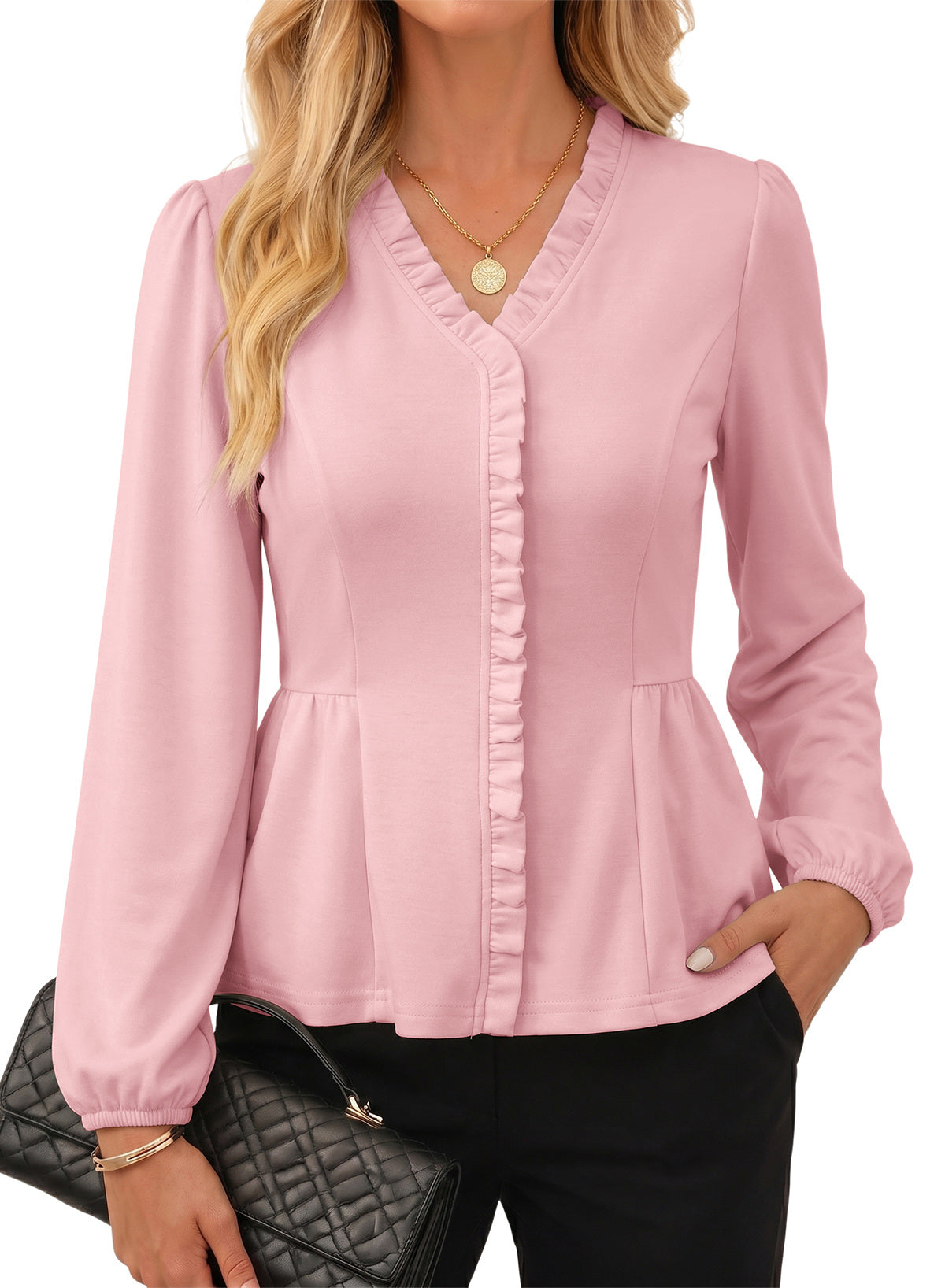 Womens Tops Ruffle Trim V Neck Peplum Babydoll Long Sleeve Shirts