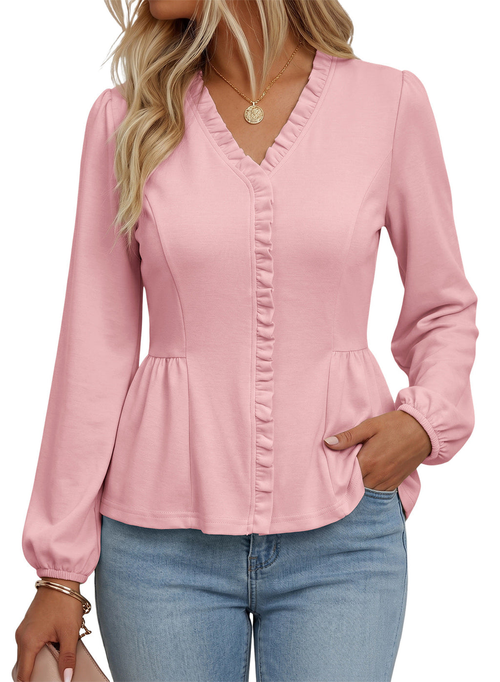 Womens Tops Ruffle Trim V Neck Peplum Babydoll Long Sleeve Shirts