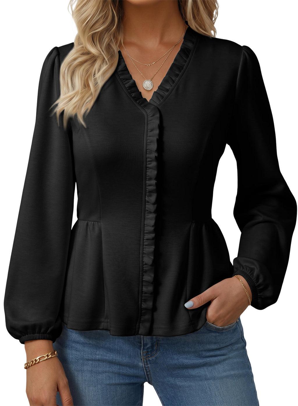 Womens Tops Ruffle Trim V Neck Peplum Babydoll Long Sleeve Shirts