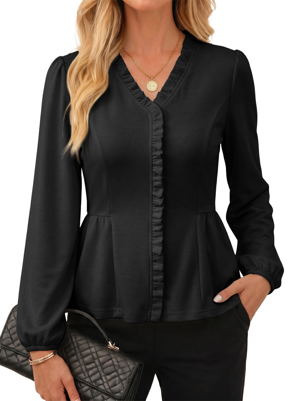 Womens Tops Ruffle Trim V Neck Peplum Babydoll Long Sleeve Shirts