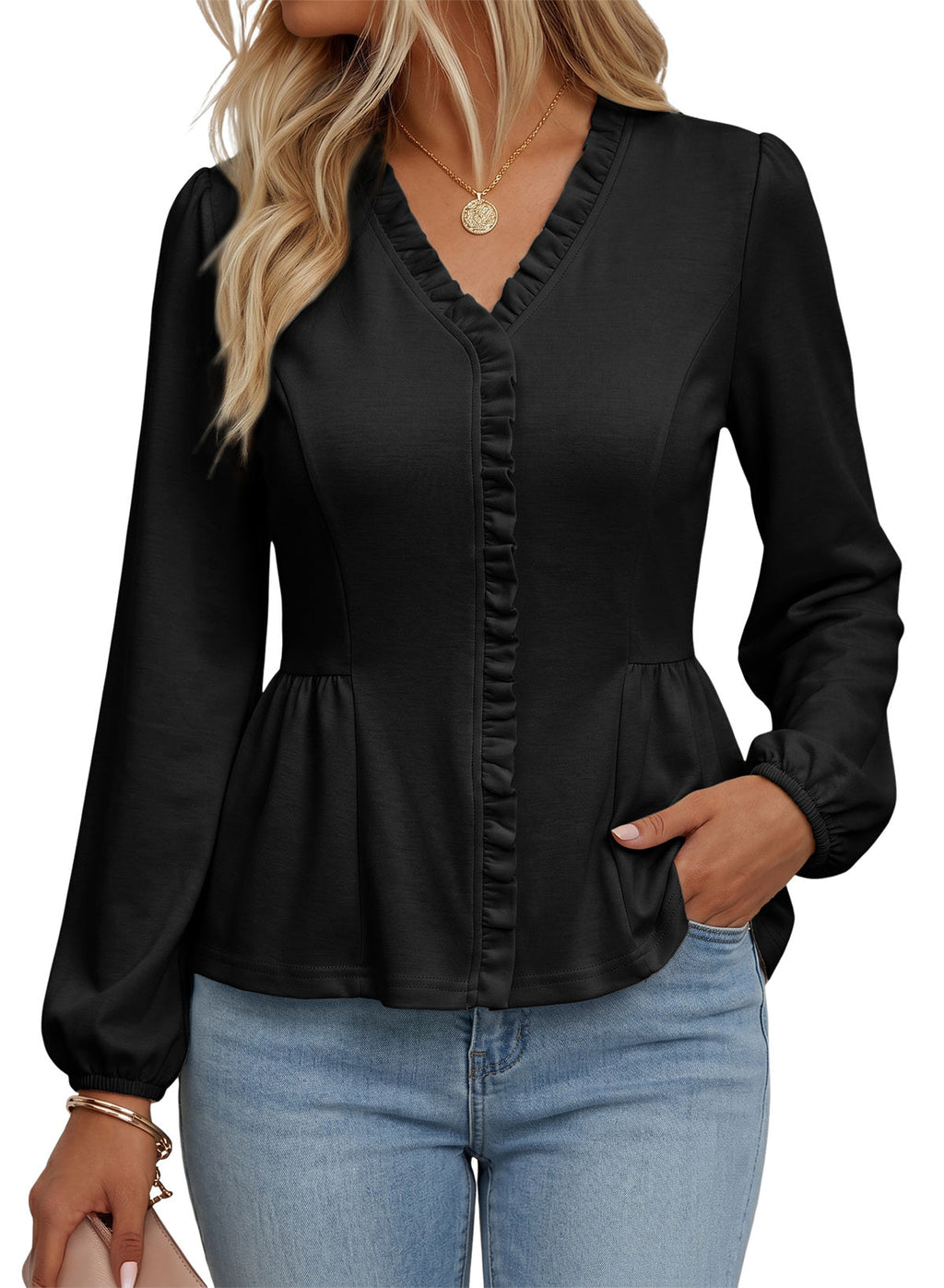 Womens Tops Ruffle Trim V Neck Peplum Babydoll Long Sleeve Shirts