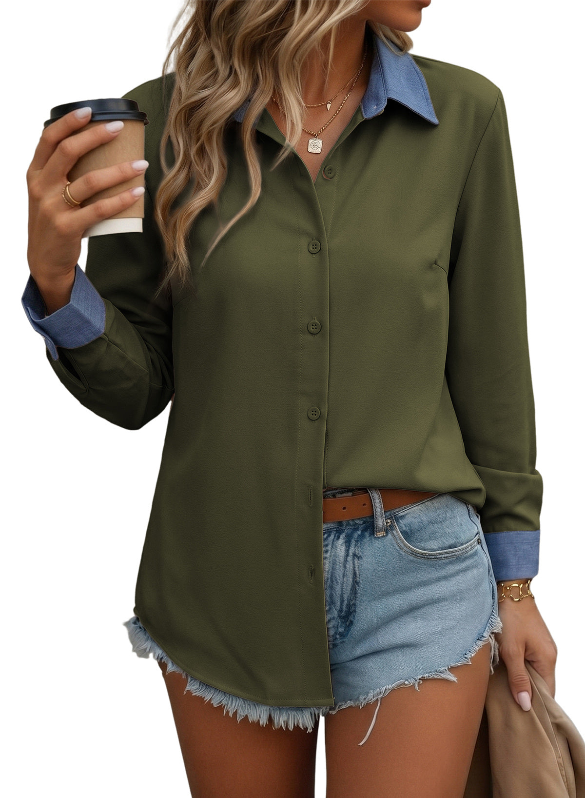Dokotoo Button Down Shirts for Women Long Sleeve Denim Patchwork Tops
