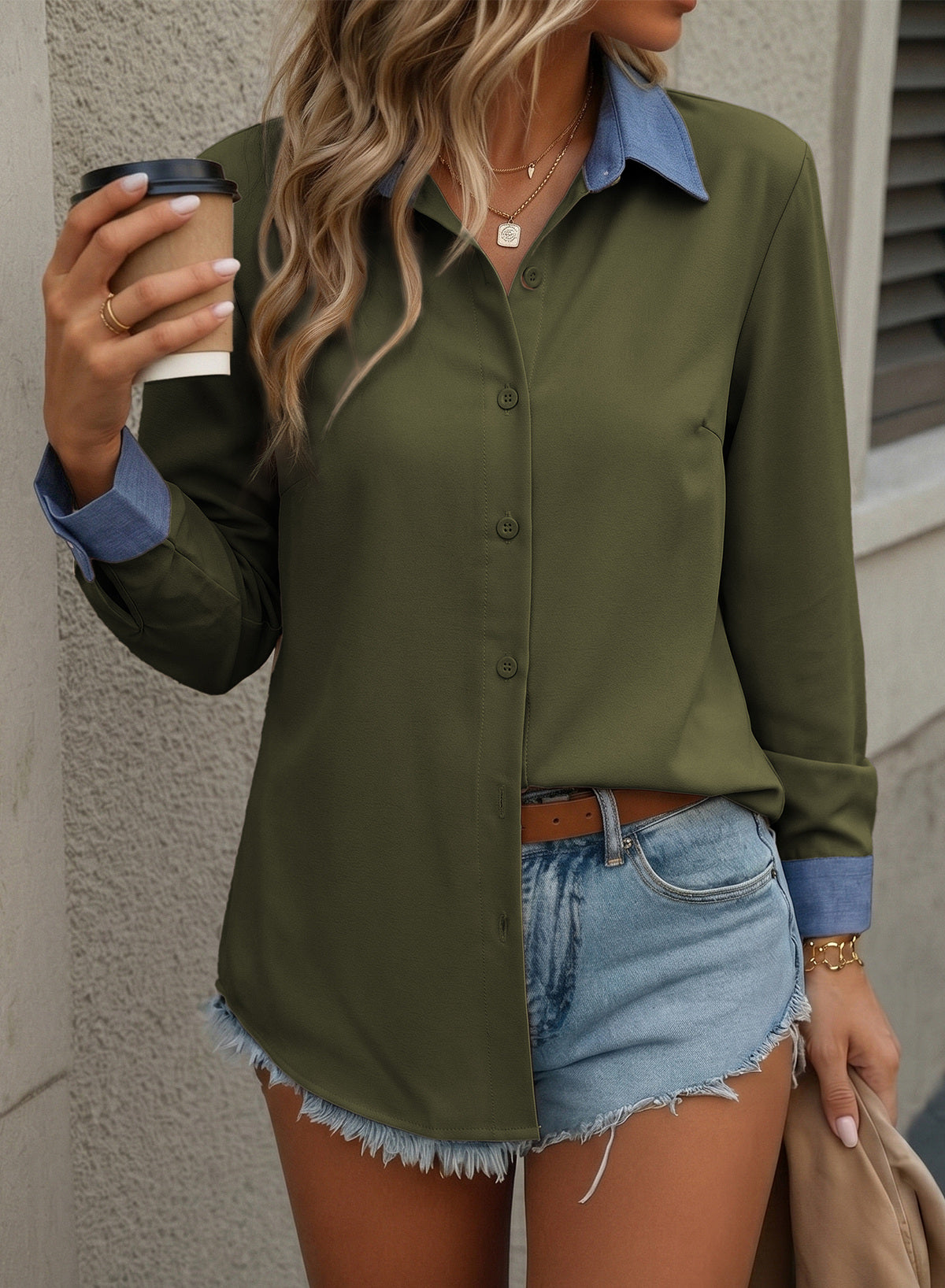 Dokotoo Button Down Shirts for Women Long Sleeve Denim Patchwork Tops