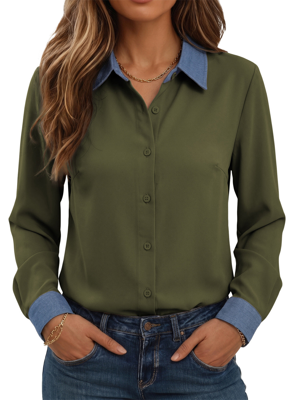 Dokotoo Button Down Shirts for Women Long Sleeve Denim Patchwork Tops