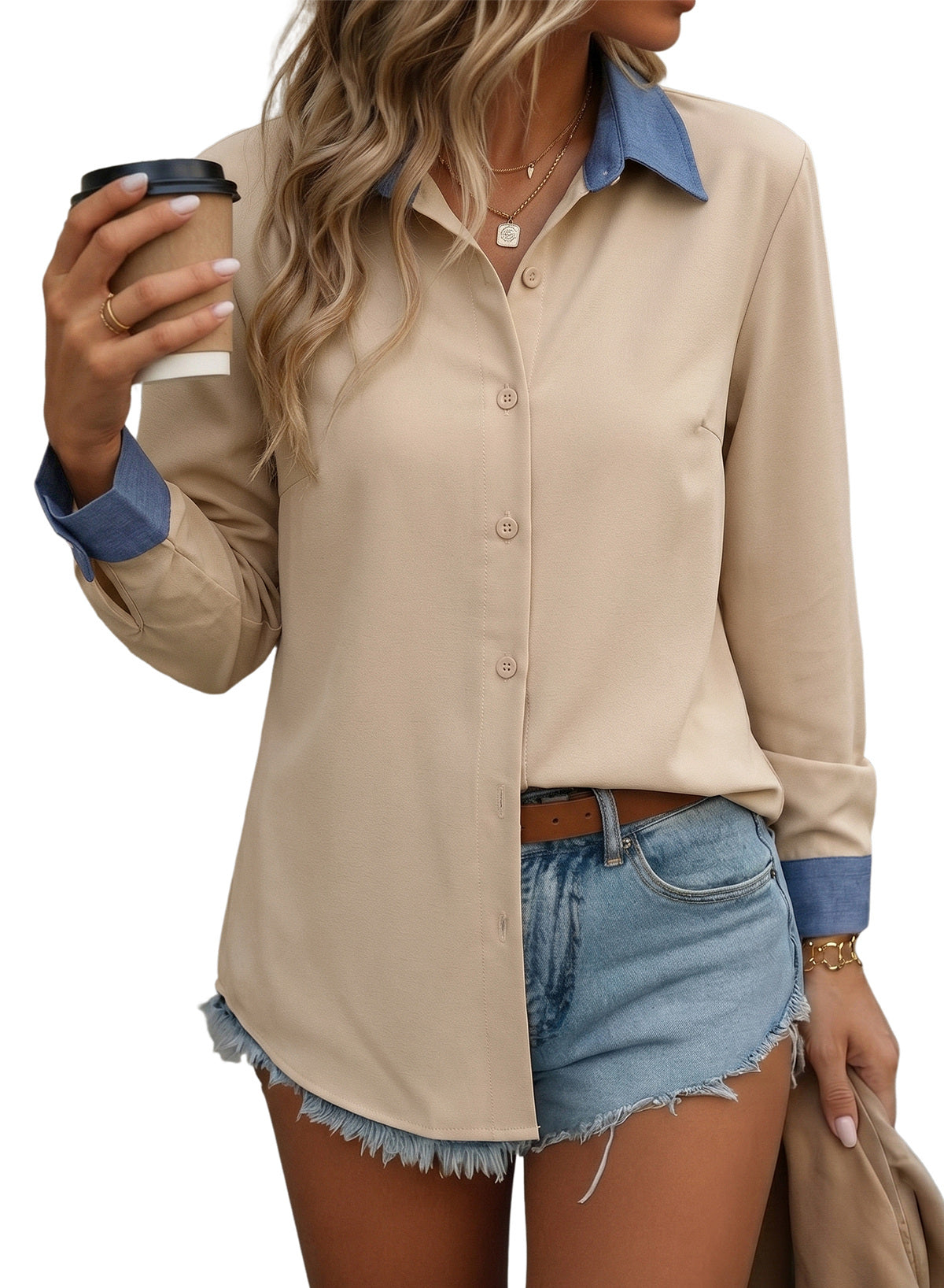 Dokotoo Button Down Shirts for Women Long Sleeve Denim Patchwork Tops