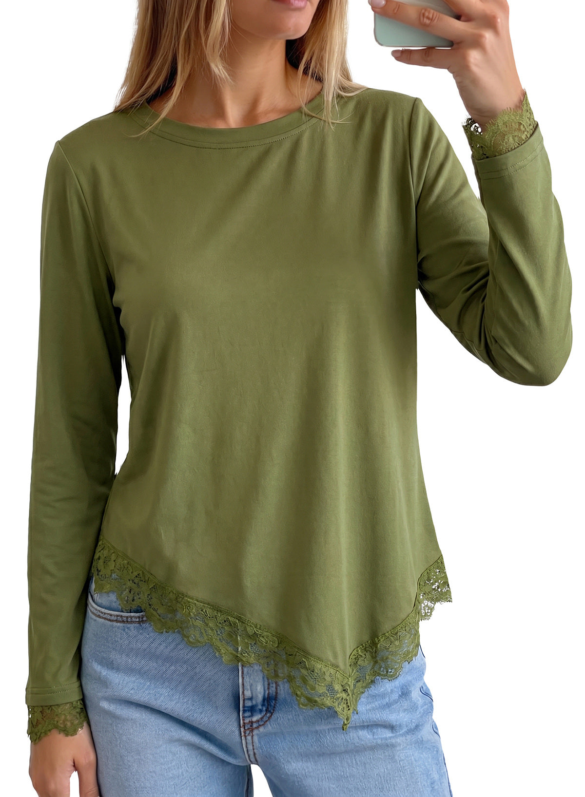 Dokotoo Asymmetrical Tops for Women Lace Long Sleeve Casual Shirt