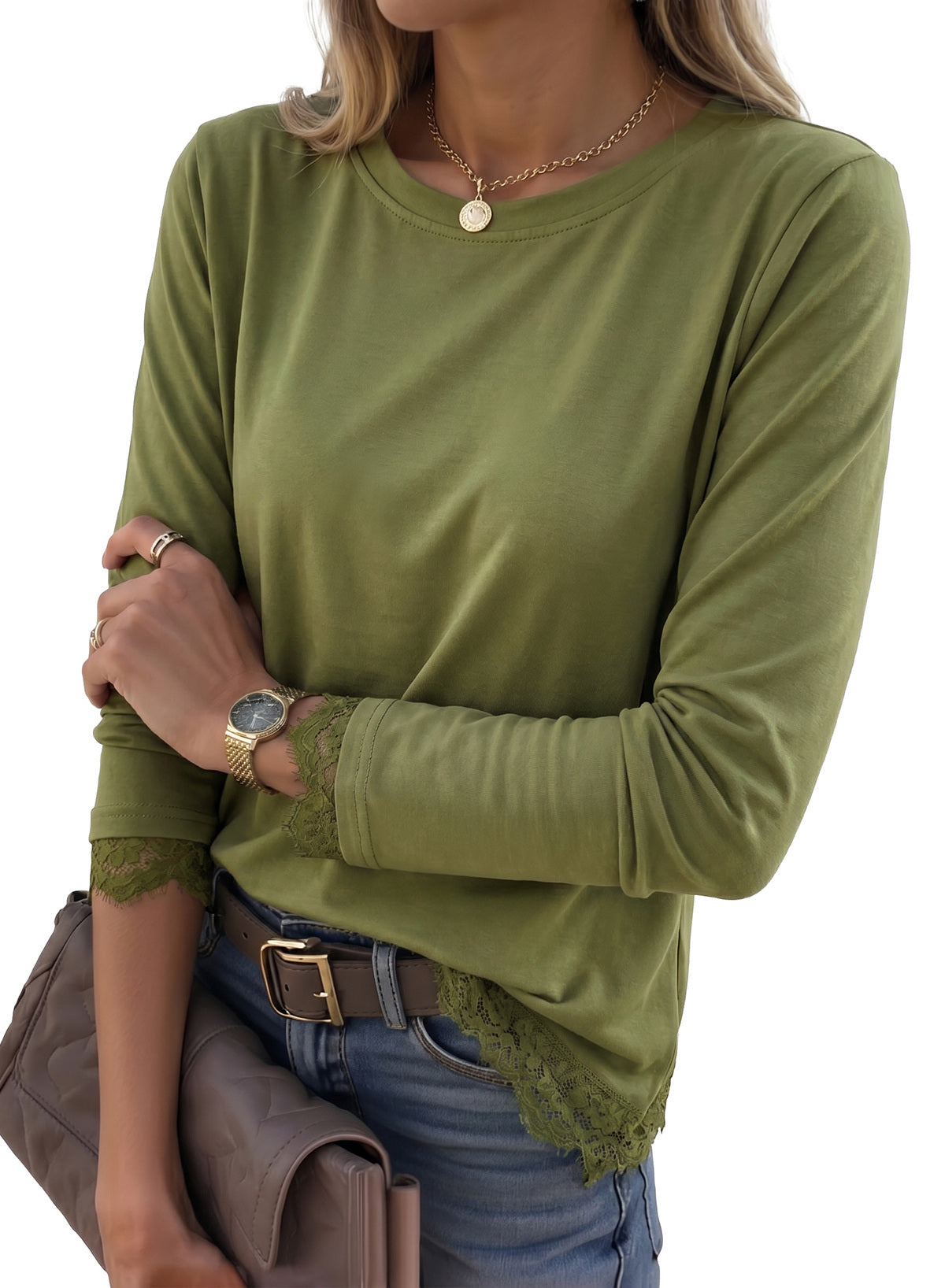 Dokotoo Asymmetrical Tops for Women Lace Long Sleeve Casual Shirt