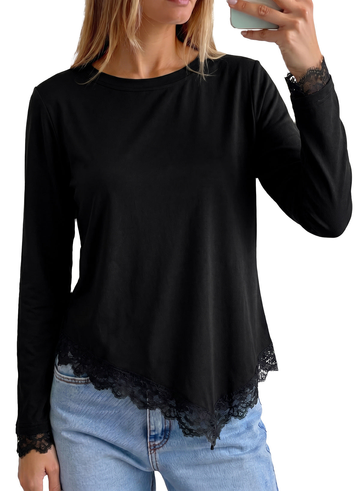 Dokotoo Asymmetrical Tops for Women Lace Long Sleeve Casual Shirt