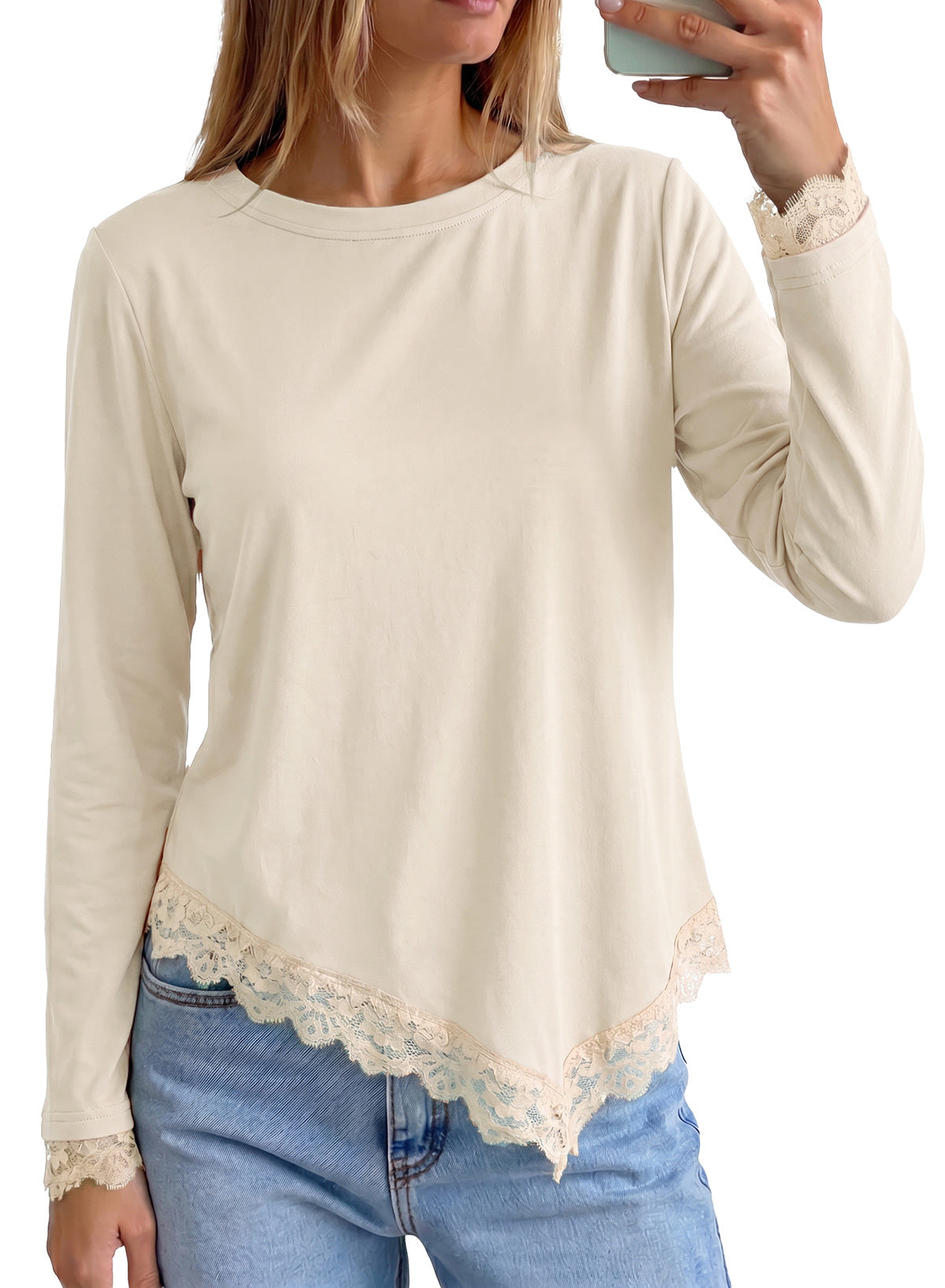 Dokotoo Asymmetrical Tops for Women Lace Long Sleeve Casual Shirt