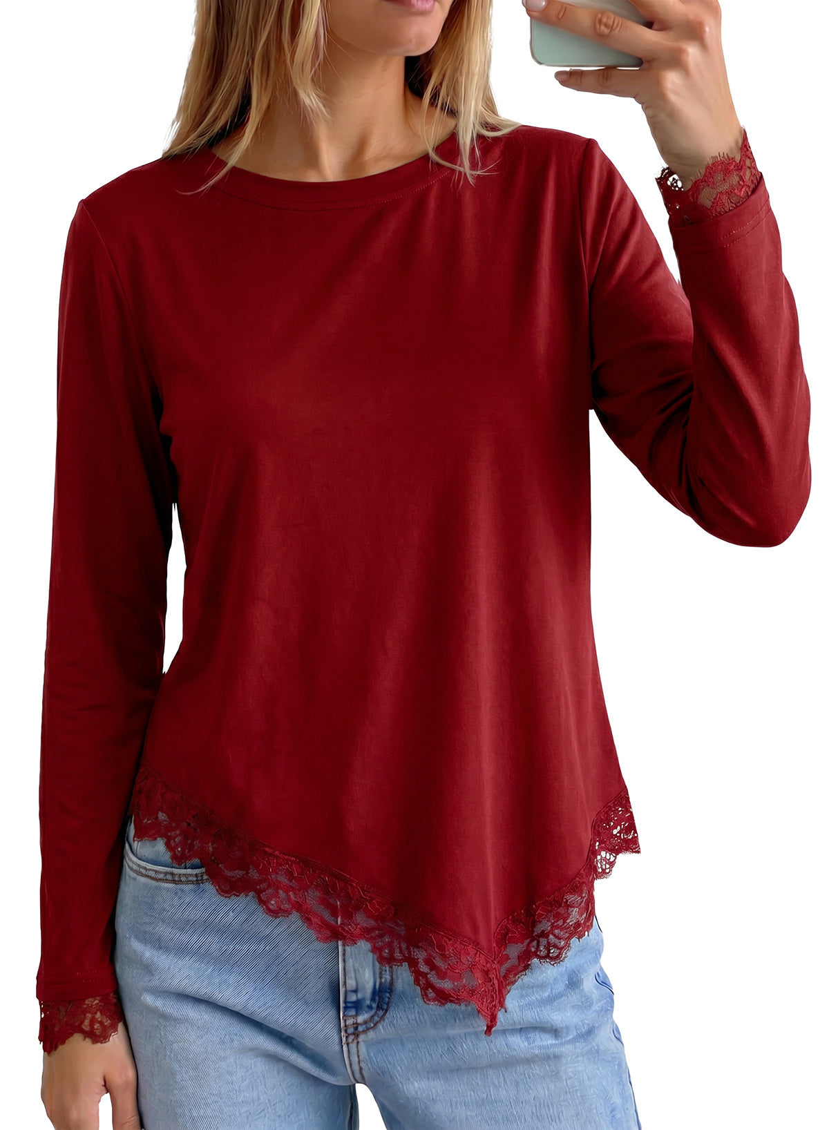 Dokotoo Asymmetrical Tops for Women Lace Long Sleeve Casual Shirt