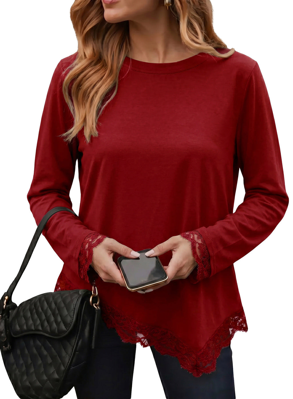 Dokotoo Asymmetrical Tops for Women Lace Long Sleeve Casual Shirt