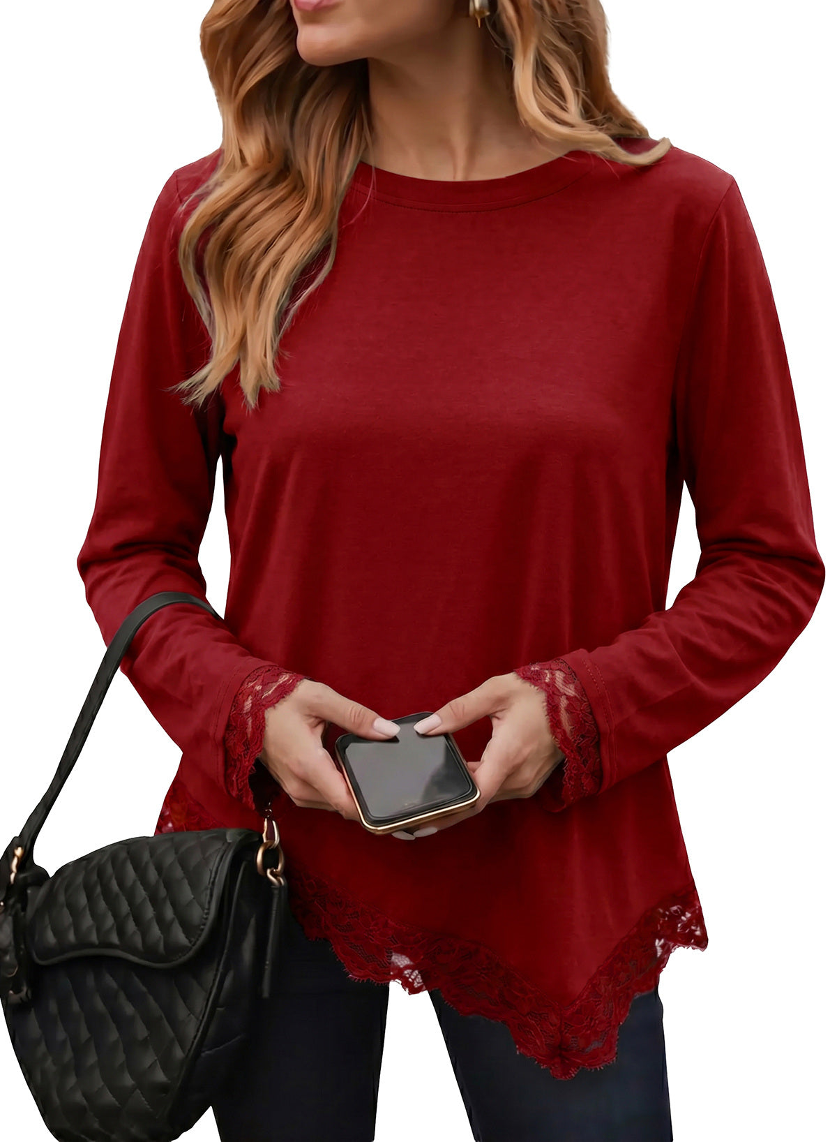 Dokotoo Asymmetrical Tops for Women Lace Long Sleeve Casual Shirt