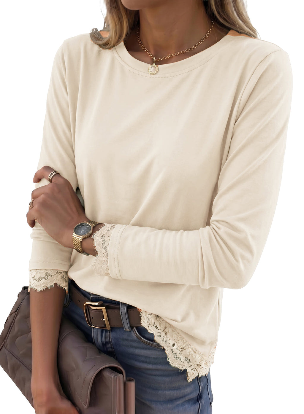 Dokotoo Asymmetrical Tops for Women Lace Long Sleeve Casual Shirt