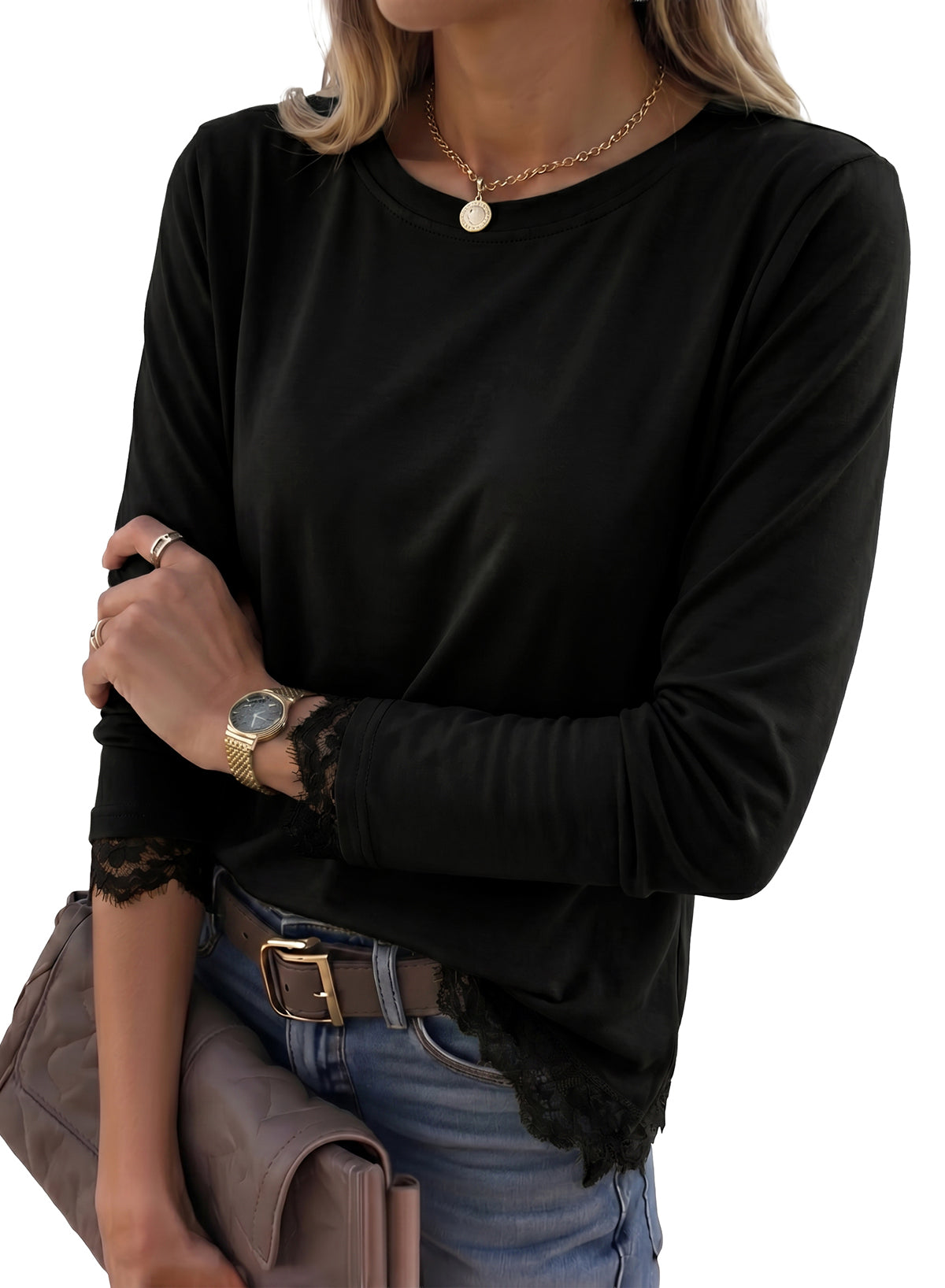 Dokotoo Asymmetrical Tops for Women Lace Long Sleeve Casual Shirt