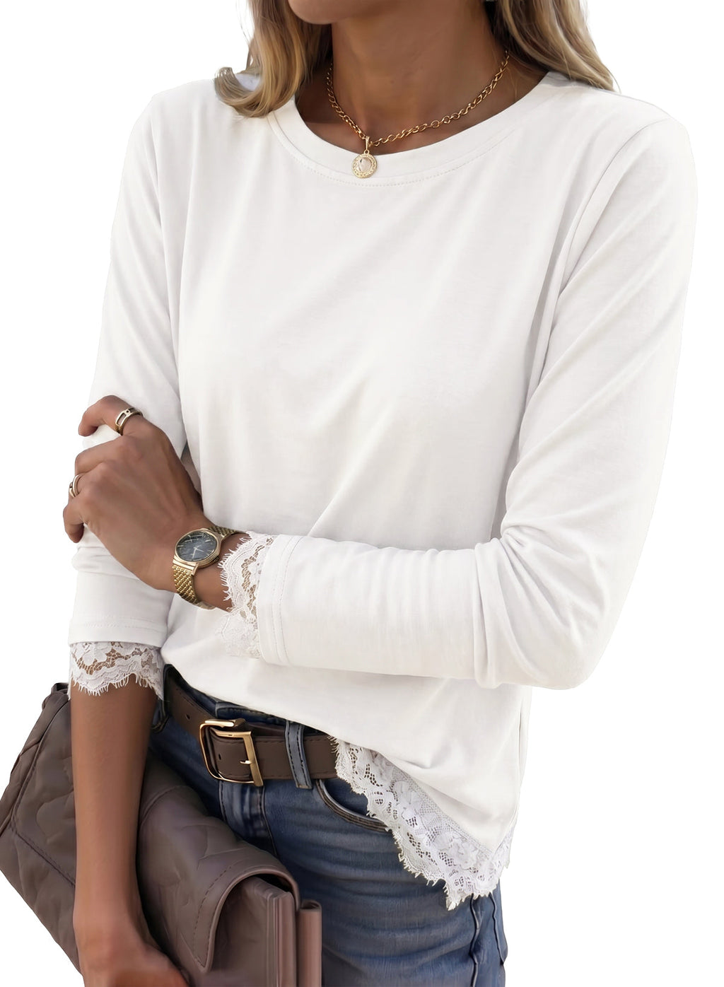 Dokotoo Asymmetrical Tops for Women Lace Long Sleeve Casual Shirt