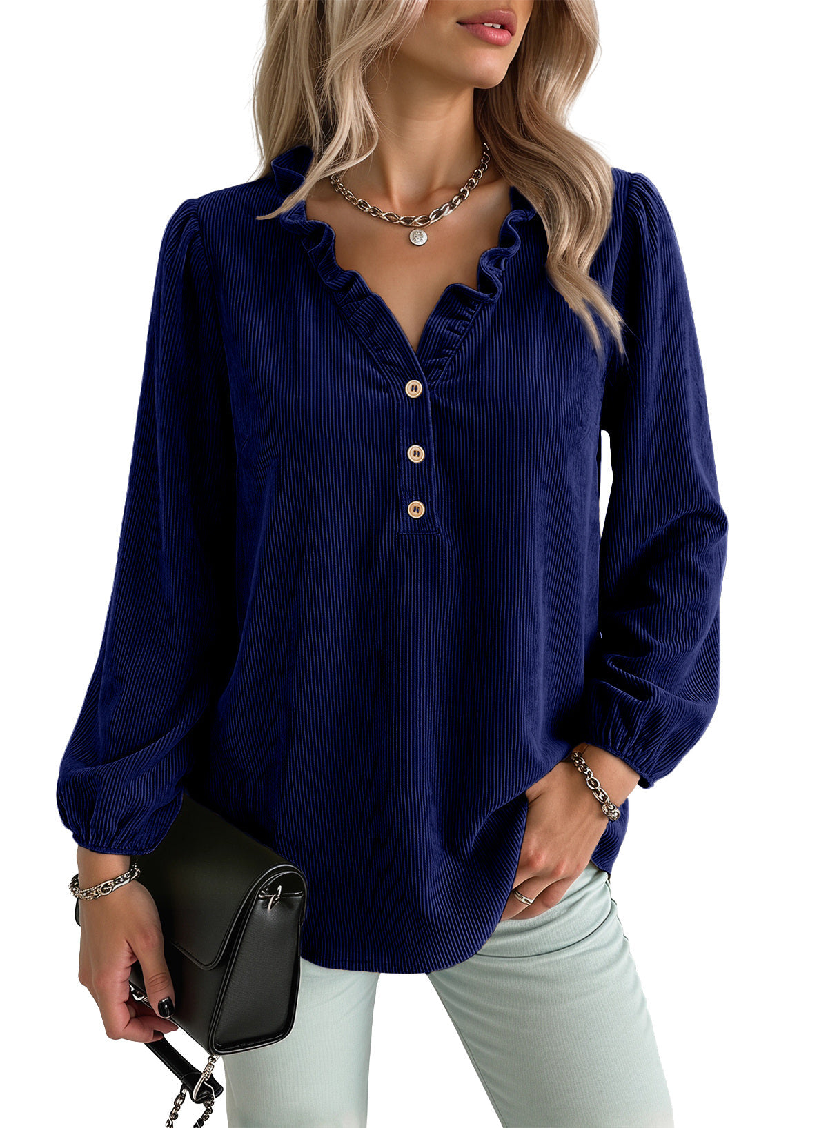 Dokotoo Womens Tops Ruffle V Neck Button Long Sleeve Shirts for Women