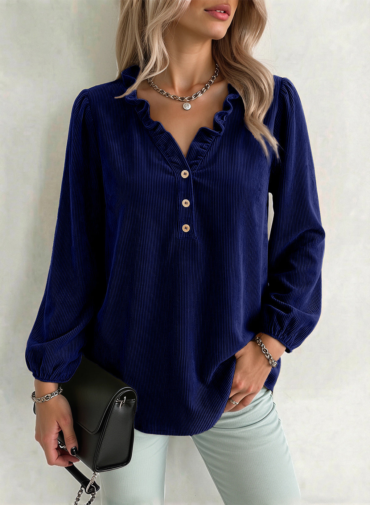 Dokotoo Womens Tops Ruffle V Neck Button Long Sleeve Shirts for Women