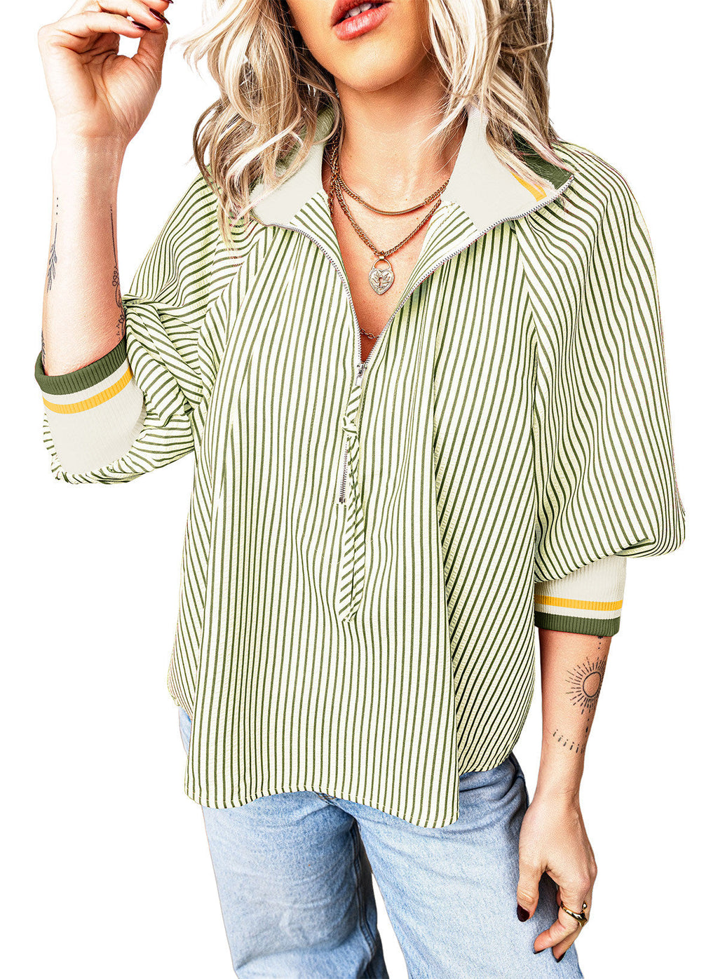 Dokotoo Women's 3/4 Sleeve Tops Striped Half Zip 2026 Fall Shirts Blouses