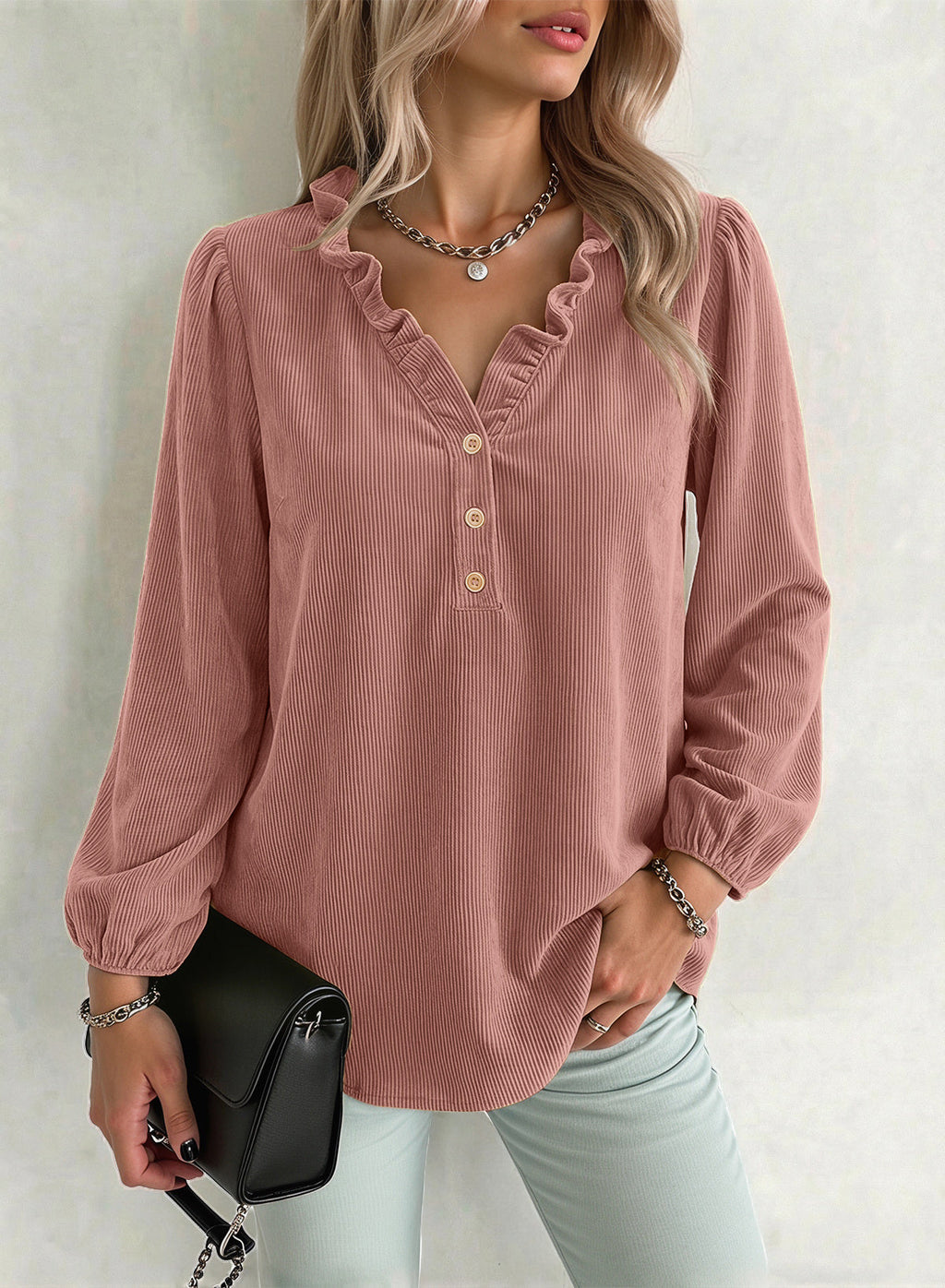 Dokotoo Womens Tops Ruffle V Neck Button Long Sleeve Shirts for Women