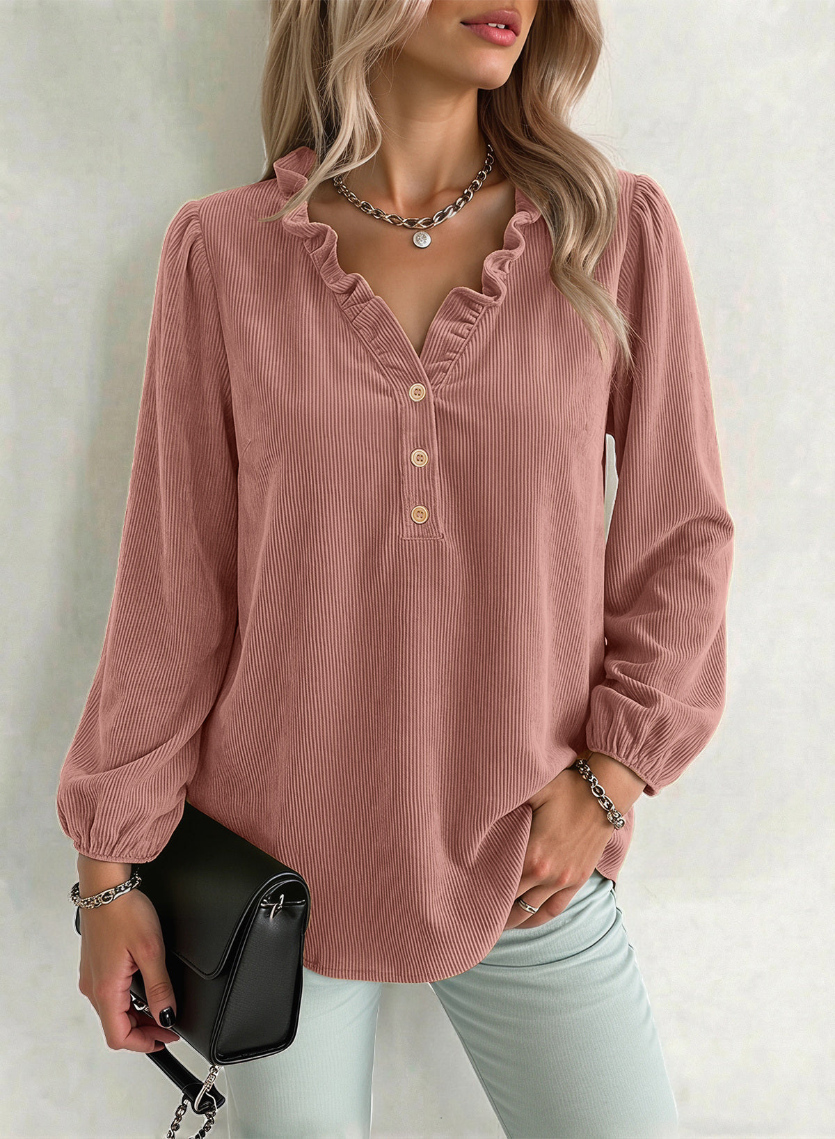 Dokotoo Womens Tops Ruffle V Neck Button Long Sleeve Shirts for Women