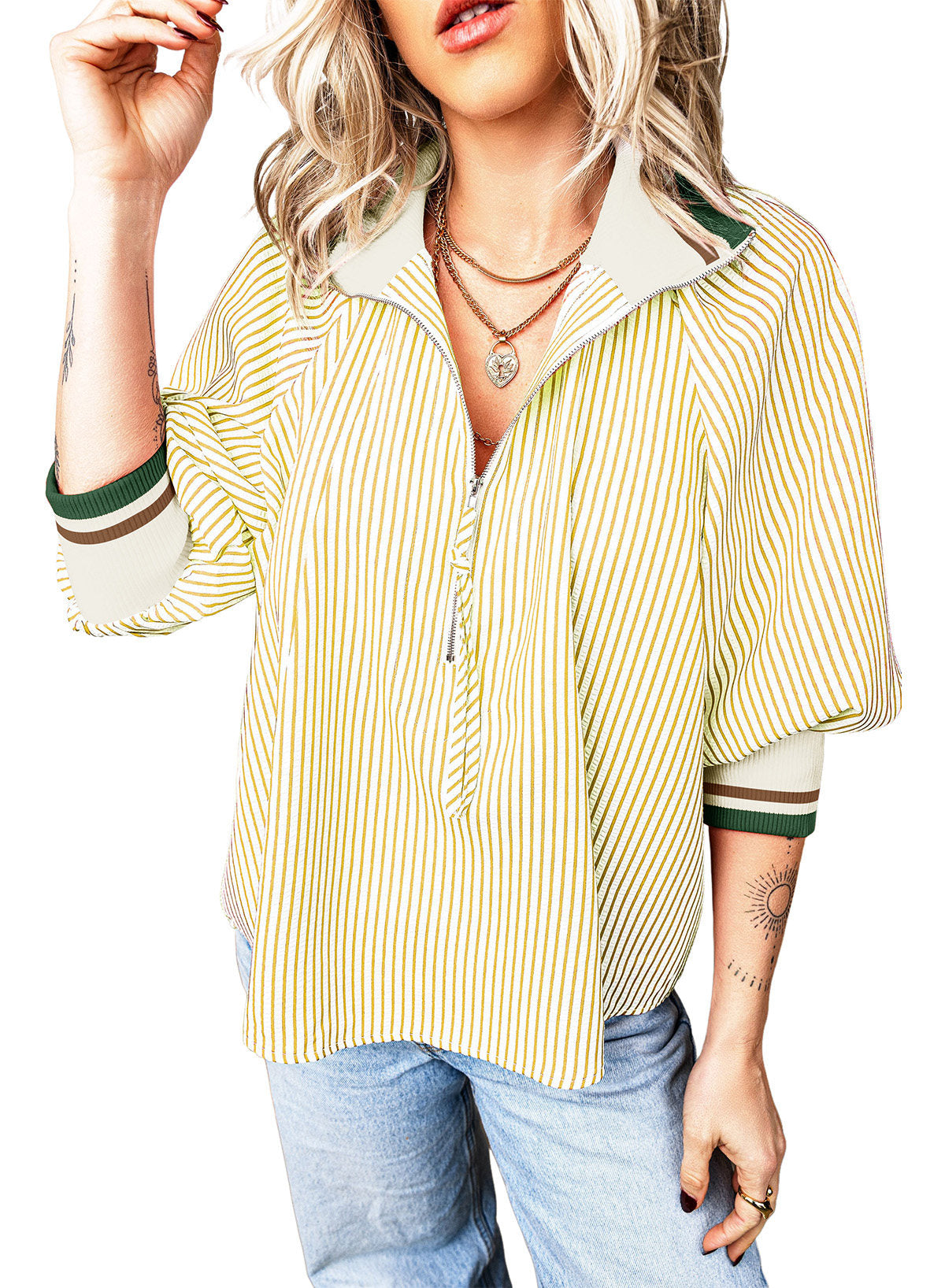 Dokotoo Women's 3/4 Sleeve Tops Striped Half Zip 2026 Fall Shirts Blouses