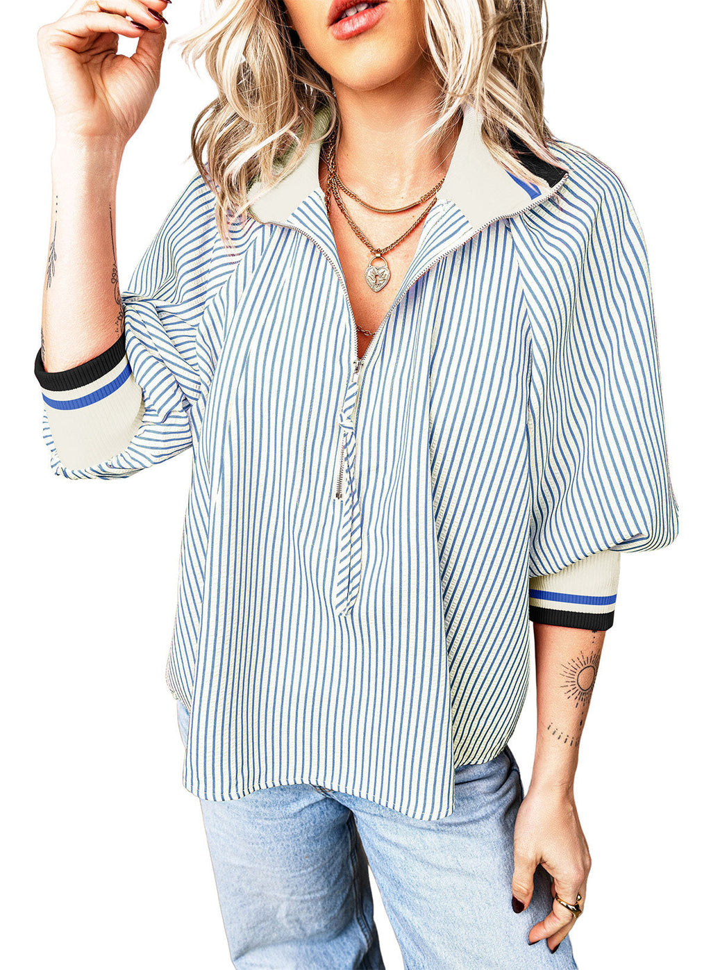 Dokotoo Women's 3/4 Sleeve Tops Striped Half Zip 2026 Fall Shirts Blouses