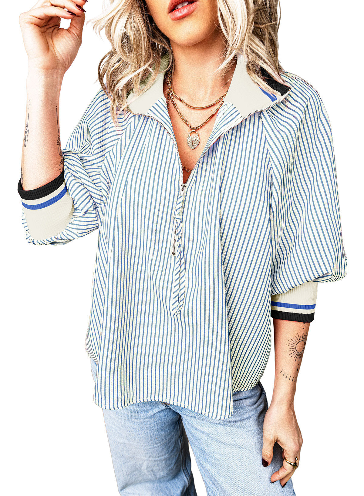 Dokotoo Women's 3/4 Sleeve Tops Striped Half Zip 2026 Fall Shirts Blouses