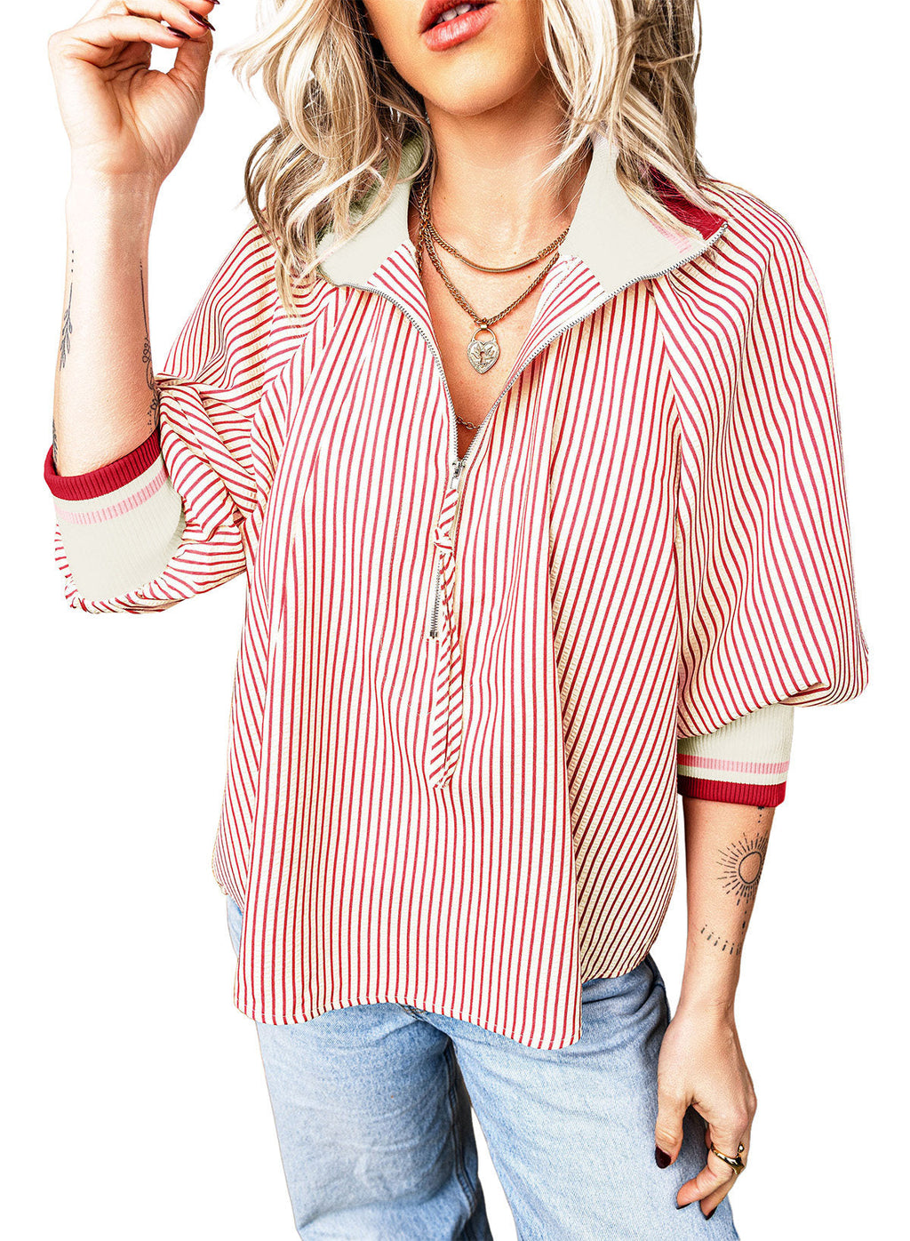 Dokotoo Women's 3/4 Sleeve Tops Striped Half Zip 2026 Fall Shirts Blouses
