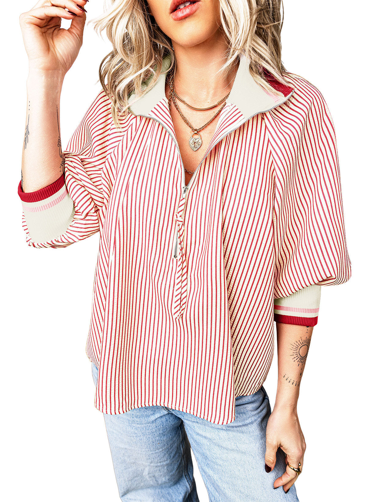 Dokotoo Women's 3/4 Sleeve Tops Striped Half Zip 2026 Fall Shirts Blouses