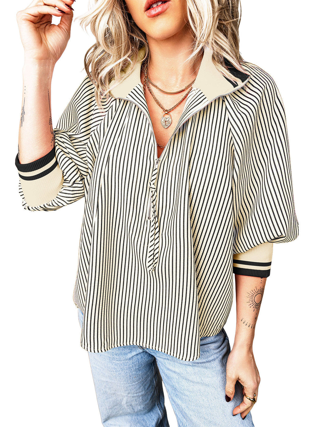 Dokotoo Women's 3/4 Sleeve Tops Striped Half Zip 2026 Fall Shirts Blouses