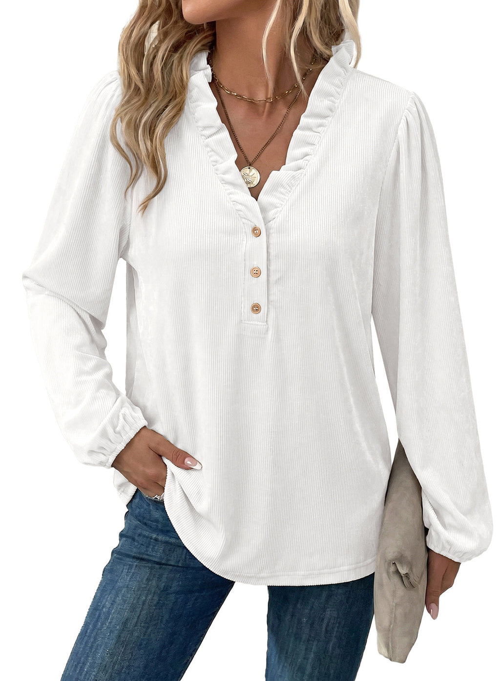 Dokotoo Womens Tops Ruffle V Neck Button Long Sleeve Shirts for Women