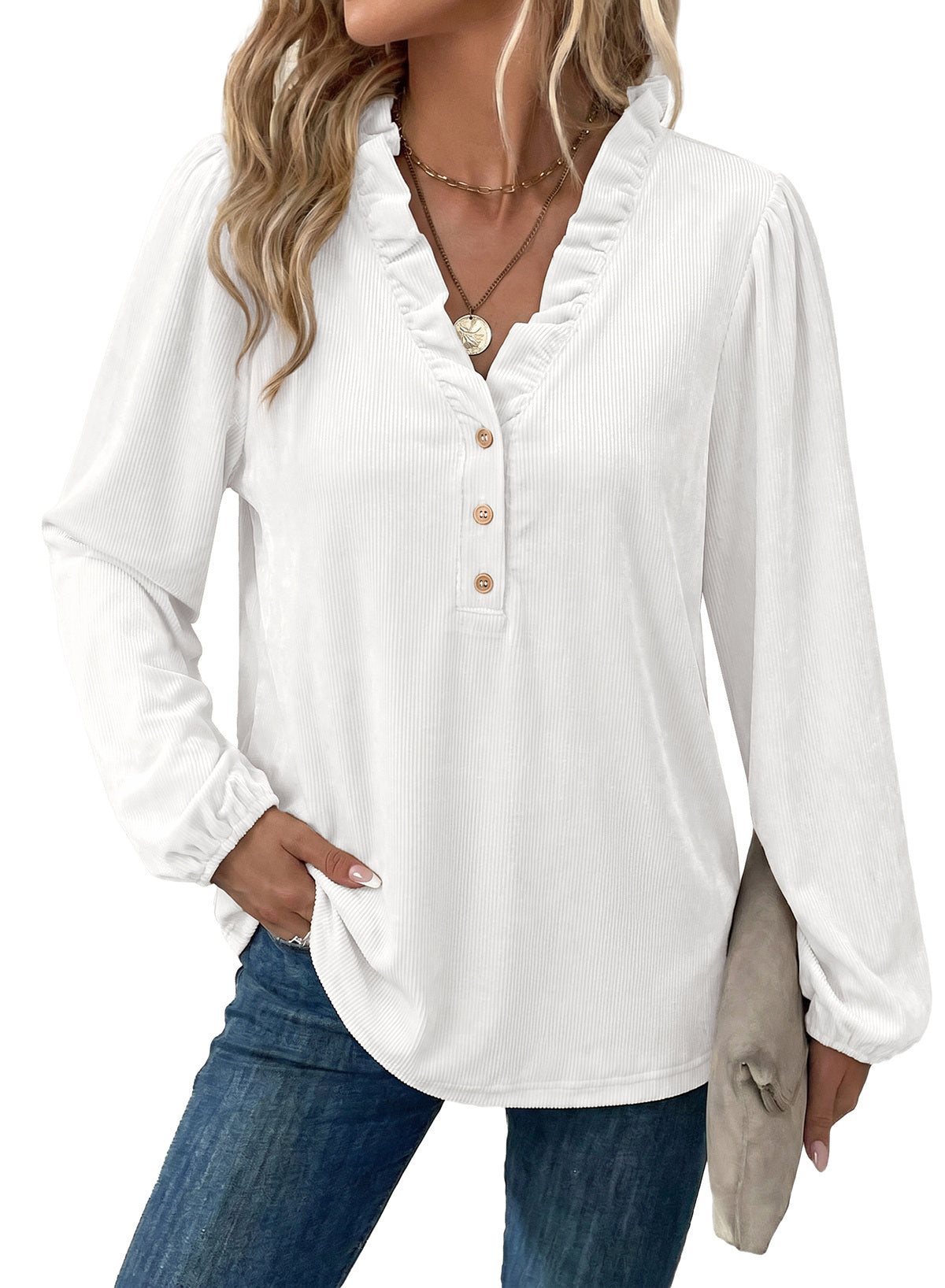 Dokotoo Womens Tops Ruffle V Neck Button Long Sleeve Shirts for Women