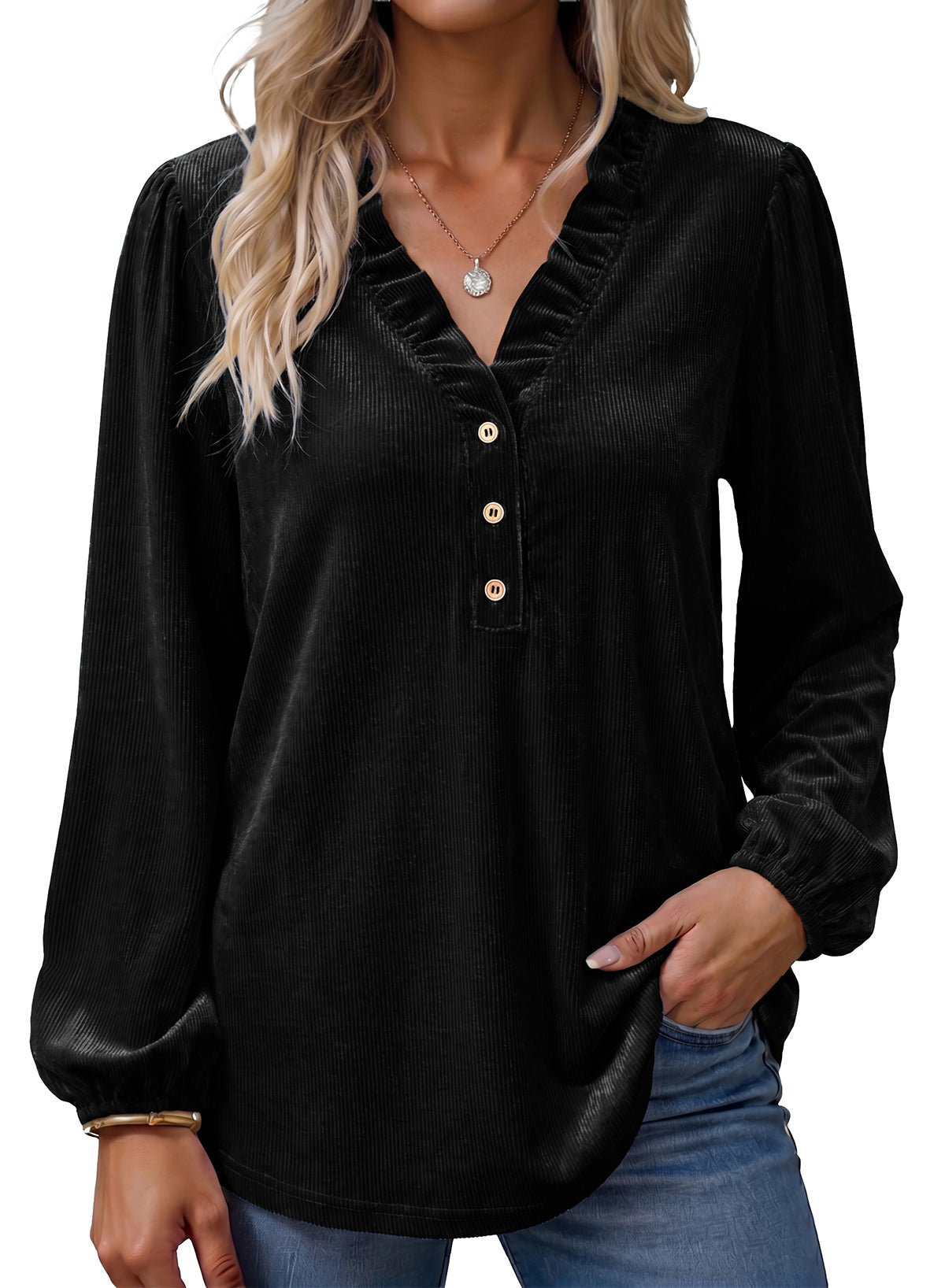 Dokotoo Womens Tops Ruffle V Neck Button Long Sleeve Shirts for Women