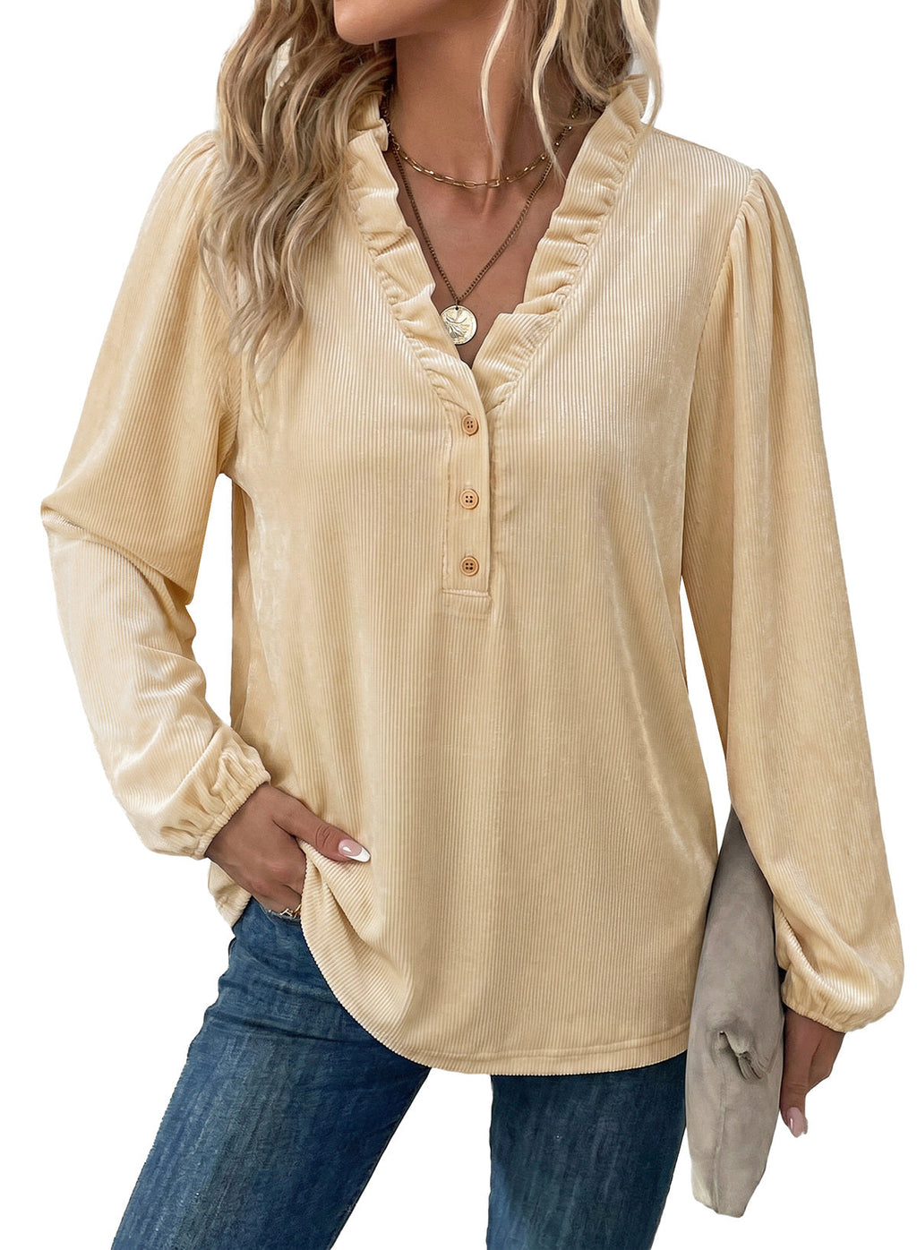 Dokotoo Womens Tops Ruffle V Neck Button Long Sleeve Shirts for Women