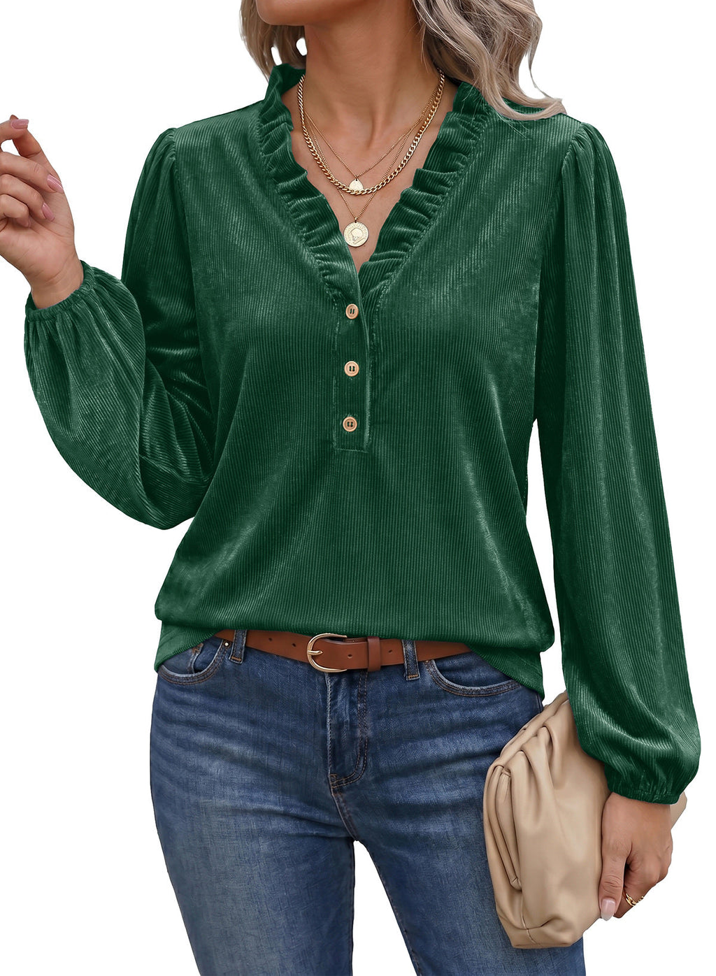 Dokotoo Womens Tops Ruffle V Neck Button Long Sleeve Shirts for Women