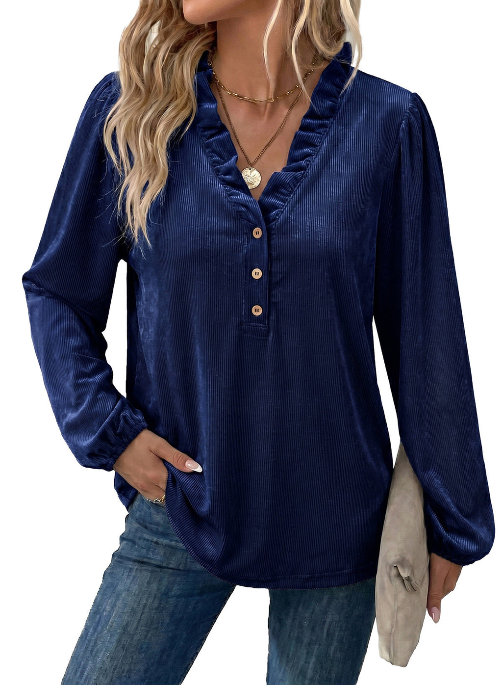 Dokotoo Womens Tops Ruffle V Neck Button Long Sleeve Shirts for Women