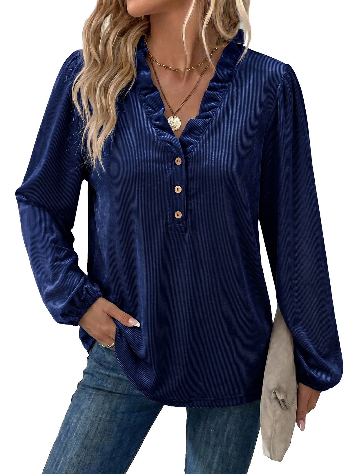 Dokotoo Womens Tops Ruffle V Neck Button Long Sleeve Shirts for Women