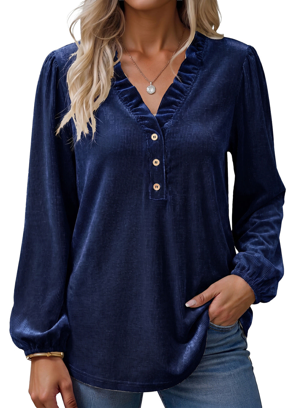 Dokotoo Womens Tops Ruffle V Neck Button Long Sleeve Shirts for Women