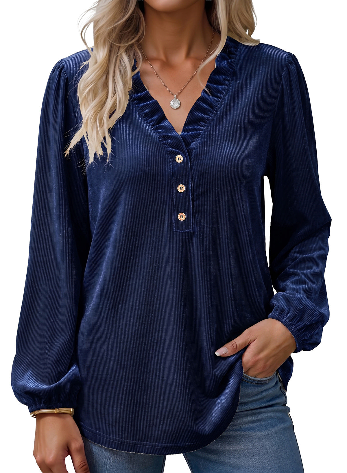 Dokotoo Womens Tops Ruffle V Neck Button Long Sleeve Shirts for Women