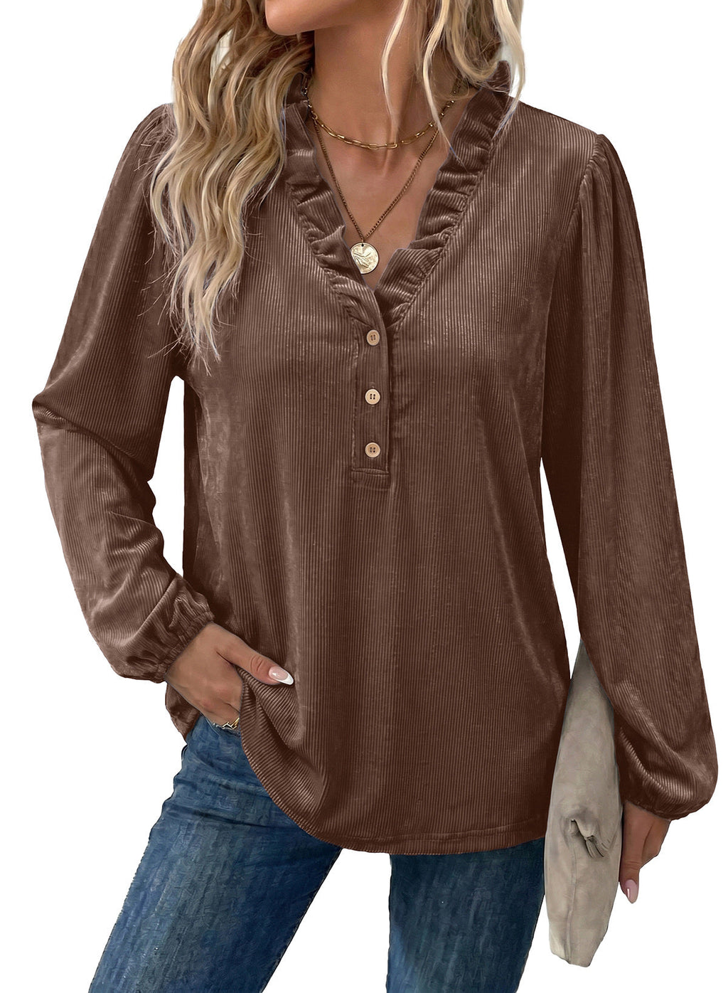 Dokotoo Womens Tops Ruffle V Neck Button Long Sleeve Shirts for Women