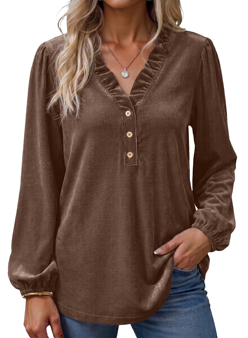 Dokotoo Womens Tops Ruffle V Neck Button Long Sleeve Shirts for Women