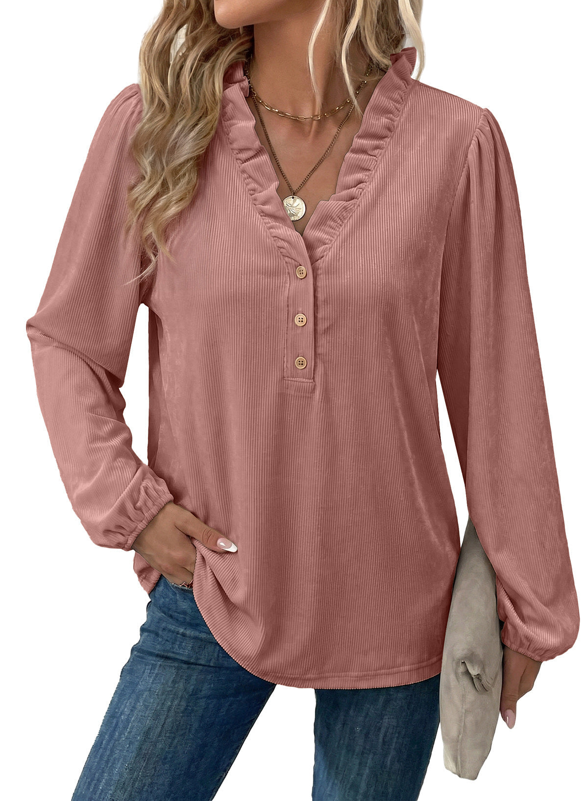 Dokotoo Womens Tops Ruffle V Neck Button Long Sleeve Shirts for Women