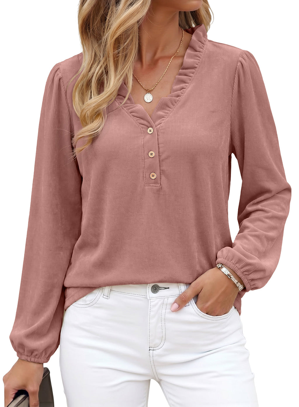 Dokotoo Womens Tops Ruffle V Neck Button Long Sleeve Shirts for Women