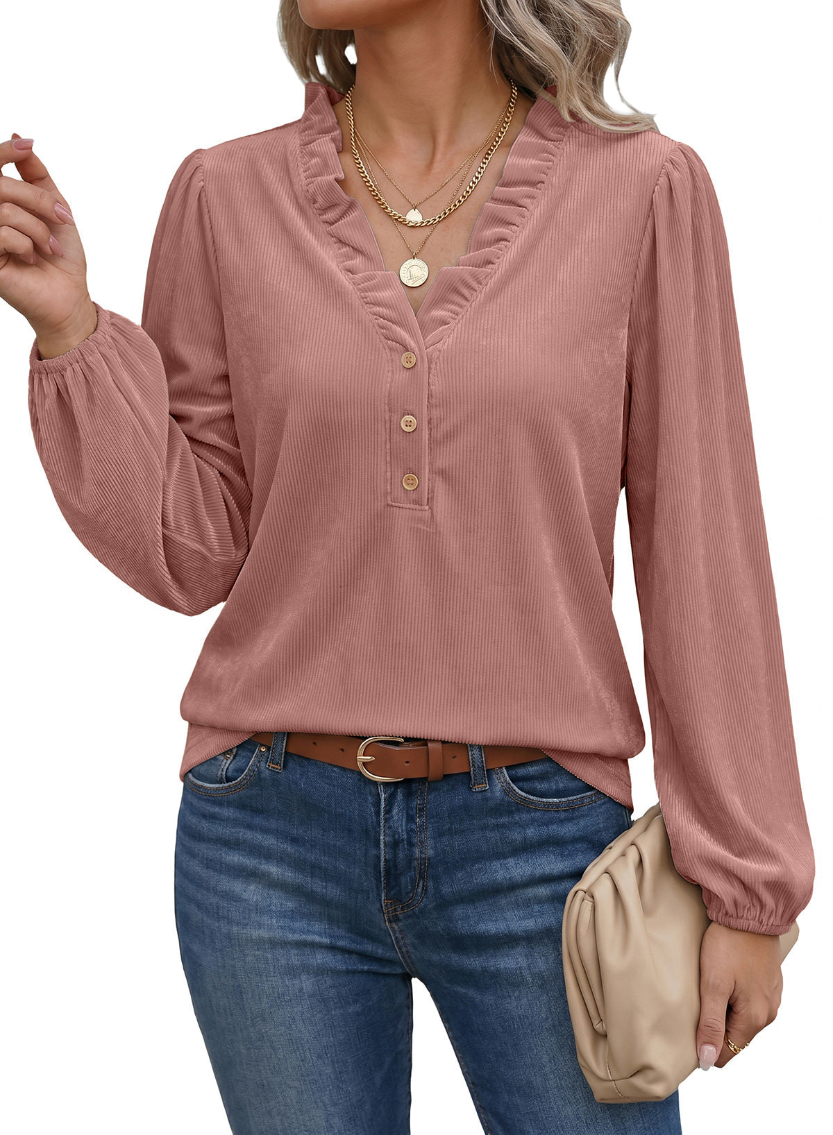 Dokotoo Womens Tops Ruffle V Neck Button Long Sleeve Shirts for Women