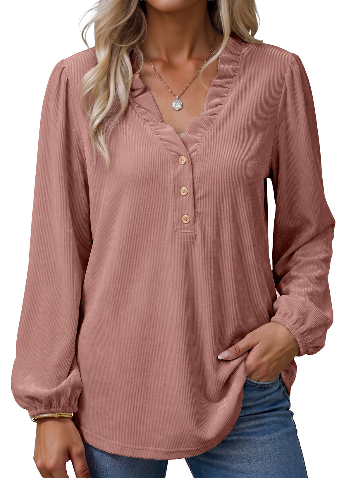 Dokotoo Womens Tops Ruffle V Neck Button Long Sleeve Shirts for Women